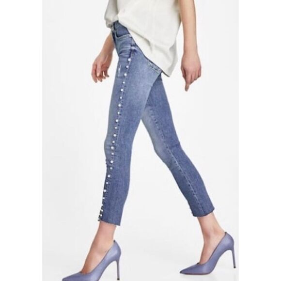 Zara Mid Rise Skinny Blue Jeans With Pearls Raw Hem Women’s Sz 4 - Picture 7 of 7